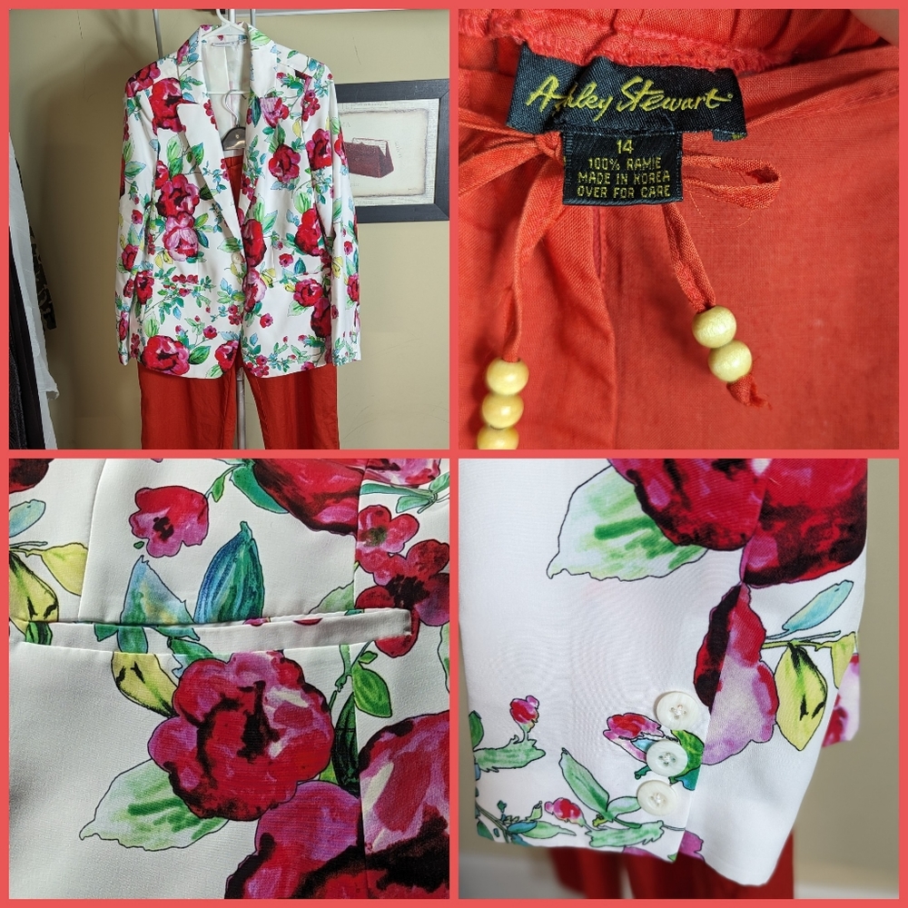 Susan Graver reds & white 1 button blazer sz L & linen like elastic waist pants - Picture 6 of 12